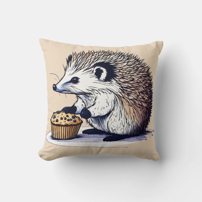 Cute Hedgehog Enjoying a Blueberry Muffin Pillow D Kudde (Framsida)