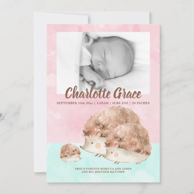 Cute Hedgehog Family Nyfödd bebis Photo Personlig Meddelande (Framsida)