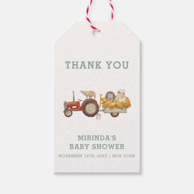 Cute Hedgehog Farm Tractor Baby Shower Presentetikett (Framsidan)
