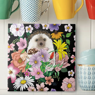 Cute Hedgehog Flowers Kakelplatta