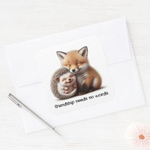 Cute Hedgehog & Fox Kit Cuddling Best Friends Fyrkantigt Klistermärke