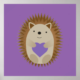 Cute Hedgehog Holding Lila Heart Heart Poster