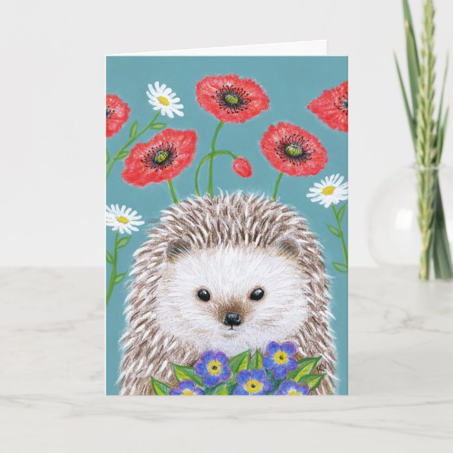 Cute Hedgehog i blomsterträdgård Card Helgkort (Framsida)