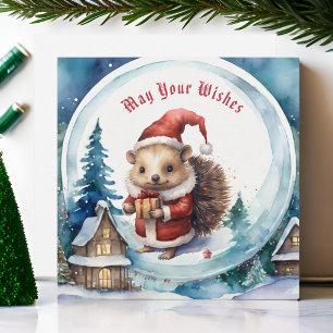 Cute Hedgehog i Santas Hat Snowglobe jul Julkort