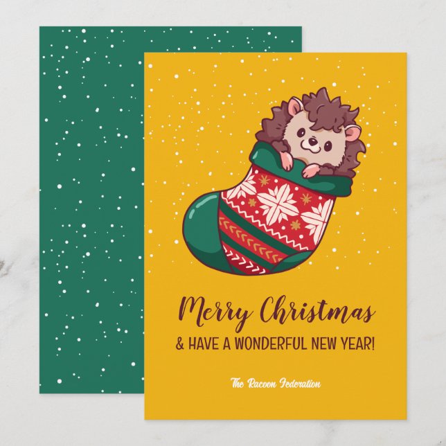 Cute Hedgehog i Stockings God jul Julkort (Fram/baksida)