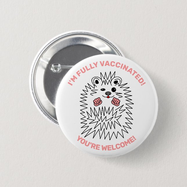 Cute Hedgehog. Jag är helt vaccinerad. Positiv Knapp (Framsida & baksida)