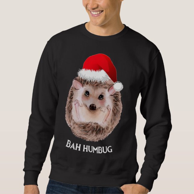 Cute Hedgehog jul Santa Hat Bah Humbug Lång Ärmad Tröja (Framsida)