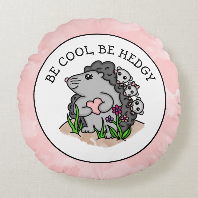 Cute Hedgehog mamma och hennes spädbarn och Pun Rund Kudde (Framsidan)