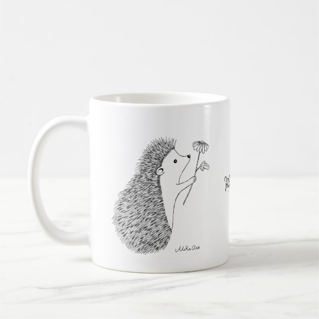 Cute hedgehog med eget namn Flower Bläck teckning Kaffemugg (Vänster)