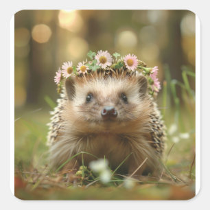 Cute hedgehog med krona av blommor fyrkantigt klistermärke