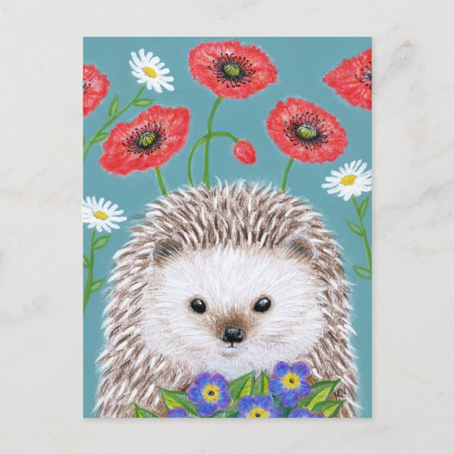 Cute Hedgehog med Vår blommor vykort (Framsida)