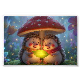 Cute Hedgehog Mushroom Art – Cozy Woodland Fantasy Fototryck
