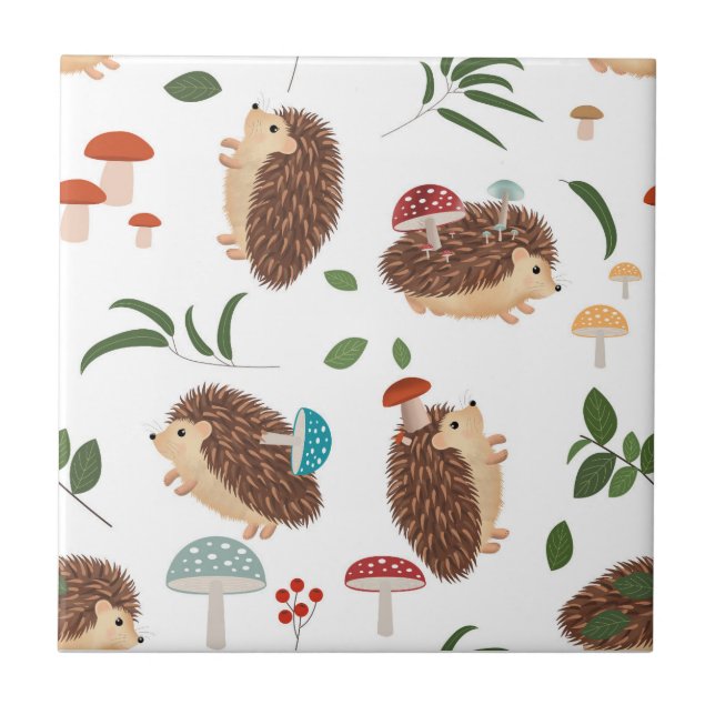 Cute Hedgehog Mushrooms Woodland Forest Animal Kakelplatta (Framsidan)