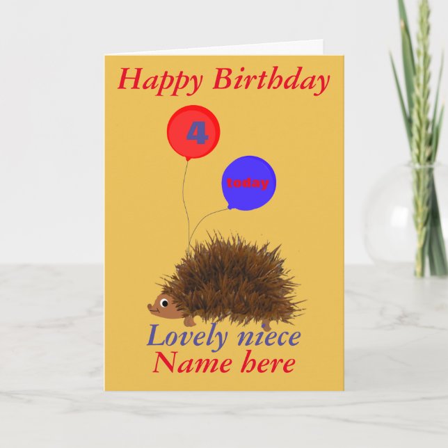 Cute hedgehog Niece Birthday add namn age Kort (Framsida)