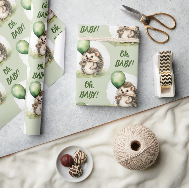Cute Hedgehog Oh Baby Neutralt Baby Shower Presentpapper (Hantverk)