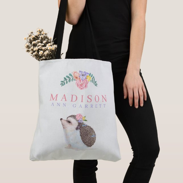 Cute Hedgehog Rosa Add Namn Baby Tote Bag Tygkasse (Närbild)