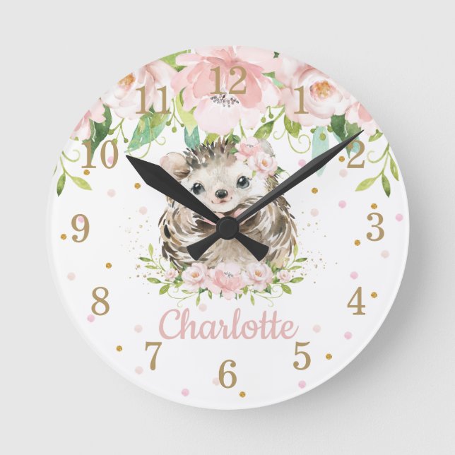 Cute Hedgehog Rosa  Blommigt Girl Bedroom Decor Rund Klocka (Framsida)