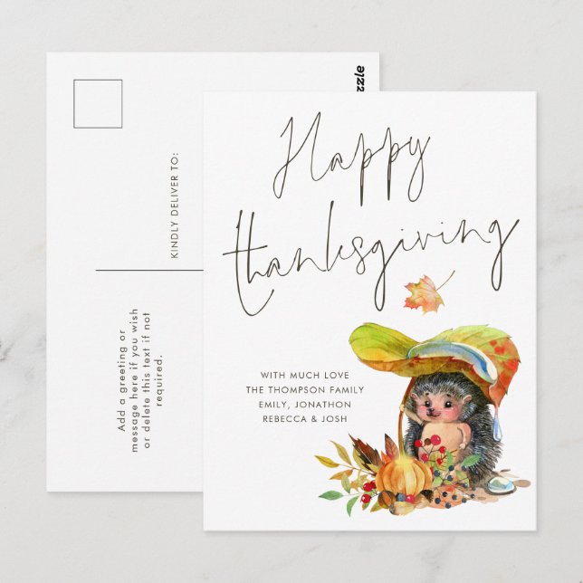 Cute Hedgehog Script Happy thanksgiving Vykort (Fram/baksida)
