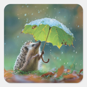 Cute hedgehog som innehar ett paraply i löv fyrkantigt klistermärke
