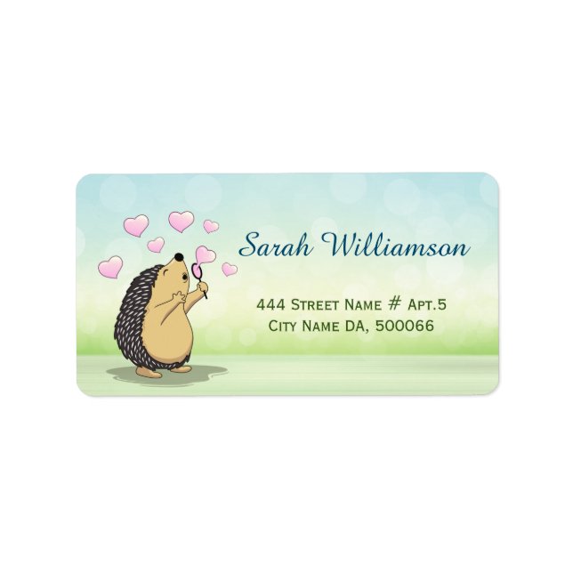 Cute Hedgehog Tecknad Soap Bubble Hearts Label Adressetikett (Framsidan)