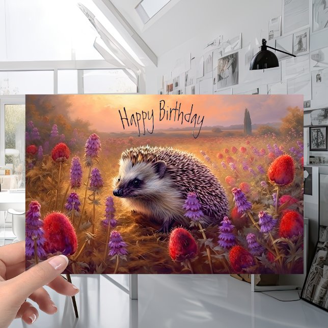 Cute Hedgehog vid Sunset med Flowers Birthday Kort (Skapare uppladdad)