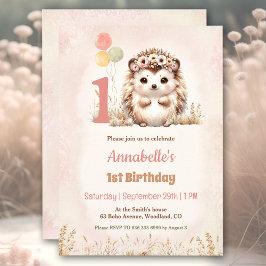Cute Hedgehog Woodland Boho Girl 1st Birthday Inbjudningar