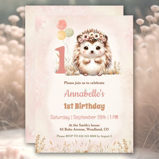 Cute Hedgehog Woodland Boho Girl 1st Birthday Inbjudningar (Cute Hedgehog Woodland Boho Girl 1st Birthday Invitation)