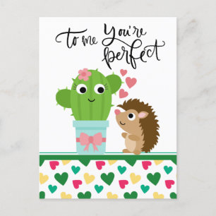 Cute Hedgehog's Valentine Cactus Du är Perfekt Helg Vykort