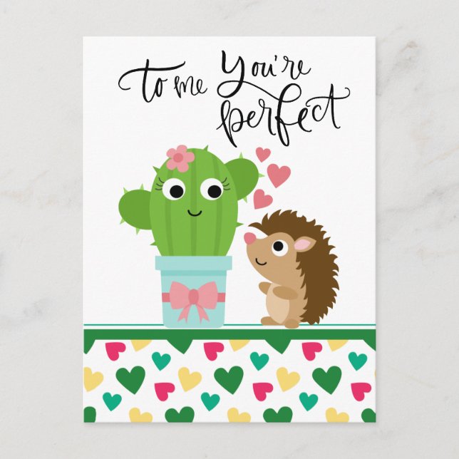 Cute Hedgehog's Valentine| Cactus Du är Perfekt Helg Vykort (Framsida)