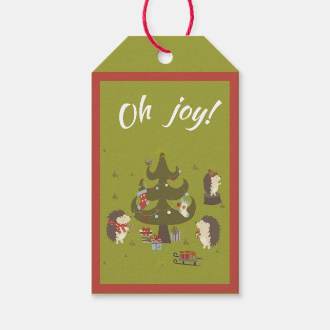 Cute Hedgehogs with Julafton Träd och Sleigh Kids Presentetikett (Framsidan)