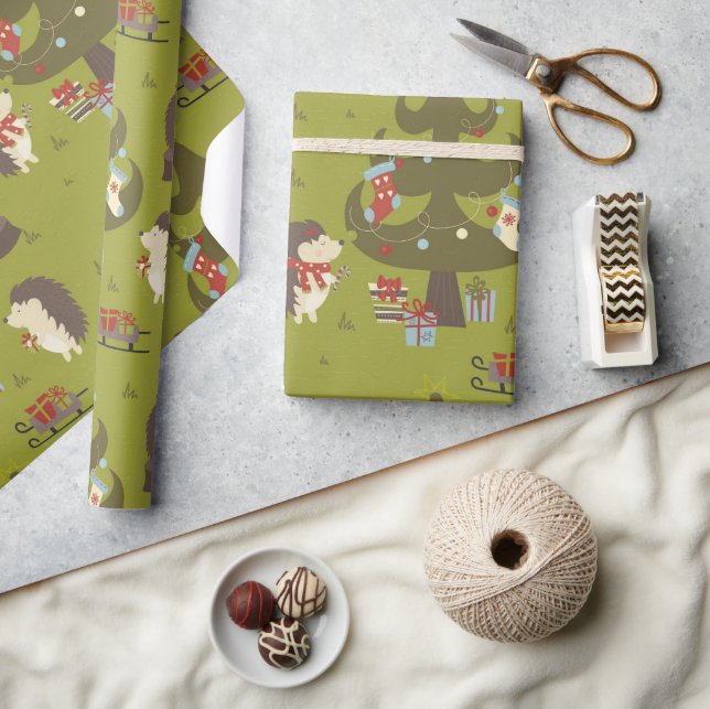 Cute Hedgehogs with Julafton Träd och Sleigh Kids Presentpapper (Hantverk)