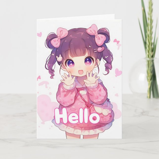 Cute Hej Anime Girl Girl Helgkort (Framsida)