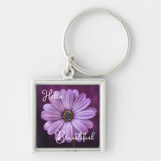 Cute Hej BeSnyval Lavender Daisy Flower Fyrkantig Silverfärgad Nyckelring (Framsidan)