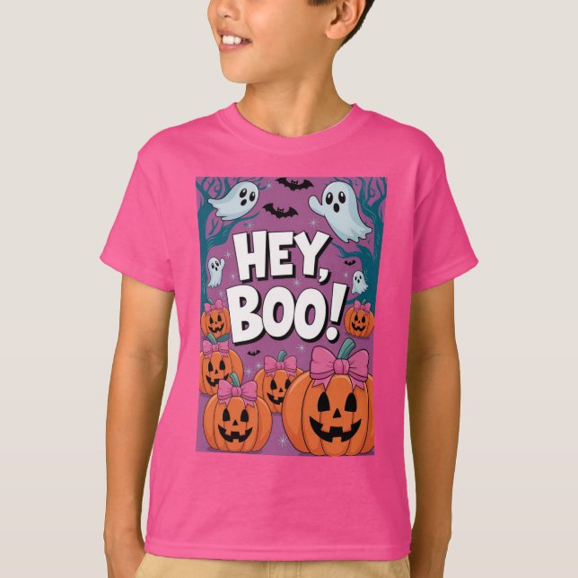Cute Hej Boo Funny Ghost Halloween T-Shirt (Framsida)
