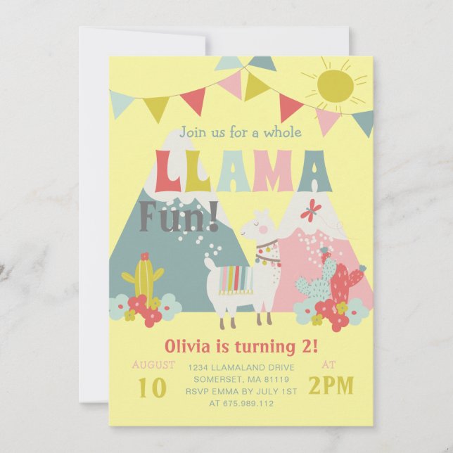 Cute Hela Llama Roligt Barns födelsedag Thmet Inbjudningar (Framsida)
