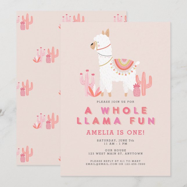 Cute Hela Llama Roligt Rosa First Födelsedagsfest Inbjudningar (Fram/baksida)
