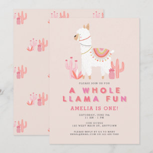 Cute Hela Llama Roligt Rosa First Födelsedagsfest Inbjudningar