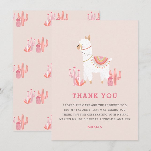 Cute Hela Llama-Roligtens Rosa första födelsedag Tack Kort (Fram/baksida)