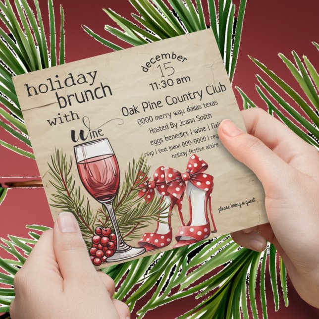 Cute Helgdag Brunch med Vin Party Inbjudningar (Cute ladies holiday brunch invite with wine, pine and heels in red and hunter green. )