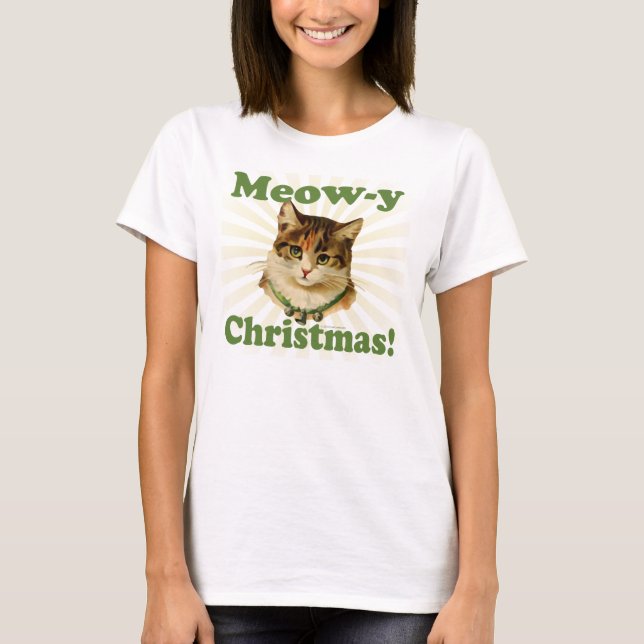 Cute Helgdag Cat Meow-y Jul Kitten T Shirt (Framsida)