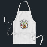 Cute Helgdag Elf med Candy cane God jul Förkläde<br><div class="desc">Apron med en söt julklapp i en festlig grönt som hålls på ett rött och vitt strippat candy cane. God jul skriven med böjd text.</div>