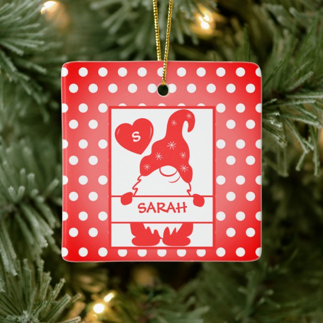 Cute Helgdag Gnome Polka dots Red White Namn år Julgransprydnad Keramik (Träd)