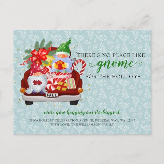 Cute Helgdag Gnome Red Lastbil Vi har flyttat Vykort (Framsida)