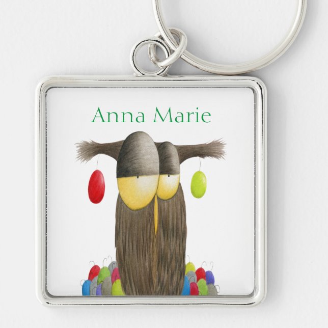 Cute Helgdag Uggla Fyrkantig Silverfärgad Nyckelring (Framsidan)