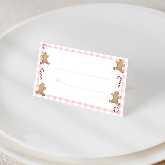 Cute Helgdagars - Jul - Cookie Swap Buffet Food Pl Placeringskort (Cute pink gingham and gingerbread man candy canes holiday place card or buffet card or food cards)