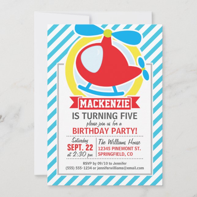 Cute Helicopter; Blue & White Rand Inbjudningar (Framsida)