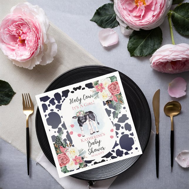 Cute Heliga Cow, det är en flicka Babyskor Pappersservett (Cute "Holy Cow, It's A Girl!" Black and White Cow Theme | Pink Floral Baby Shower Paper Napkins)