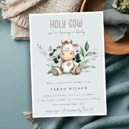 Cute Heliga Cow Foliage Pastel Blue Baby Shower Inbjudningar