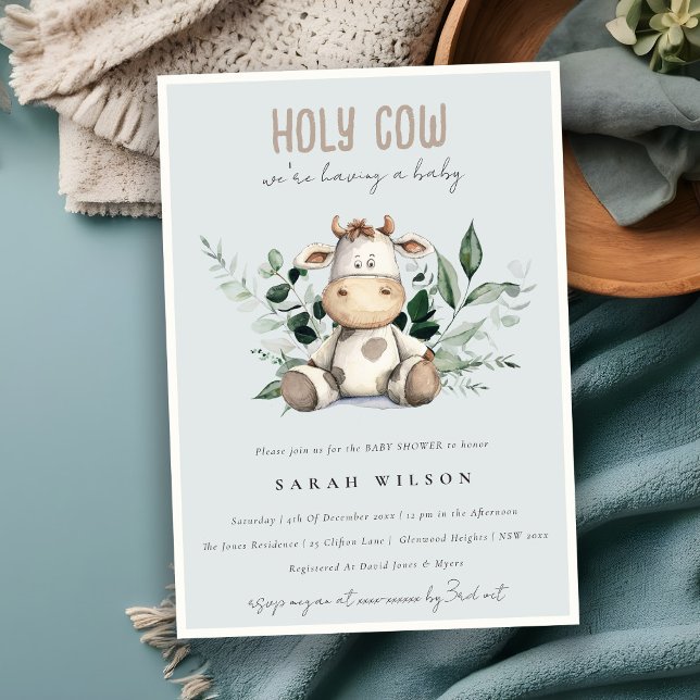 Cute Heliga Cow Foliage Pastel Blue Baby Shower Inbjudningar (Skapare uppladdad)
