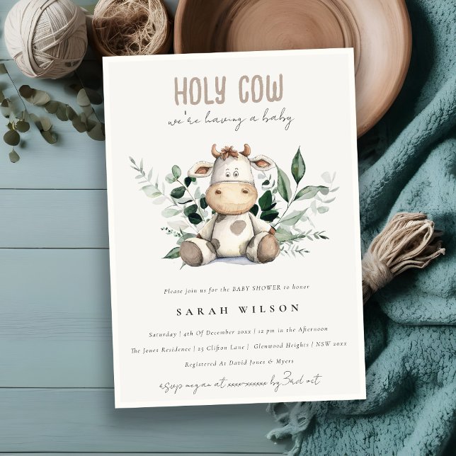 Cute Heliga Cow Foliage Pastel Neutralt Baby Showe Inbjudningar (Skapare uppladdad)